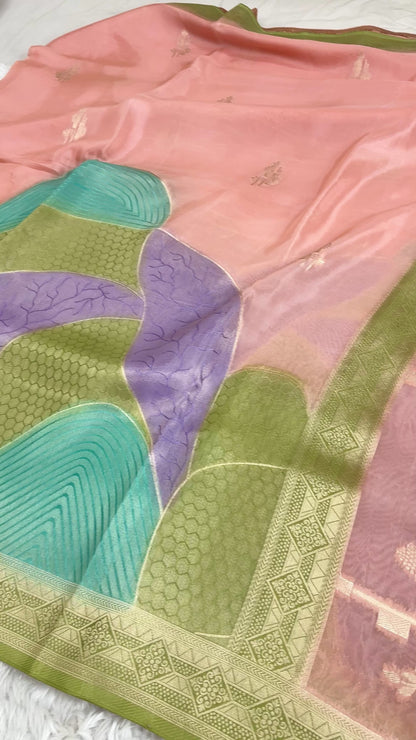 Peach Banarasi Rangkaat Organza Crepe Silk Saree